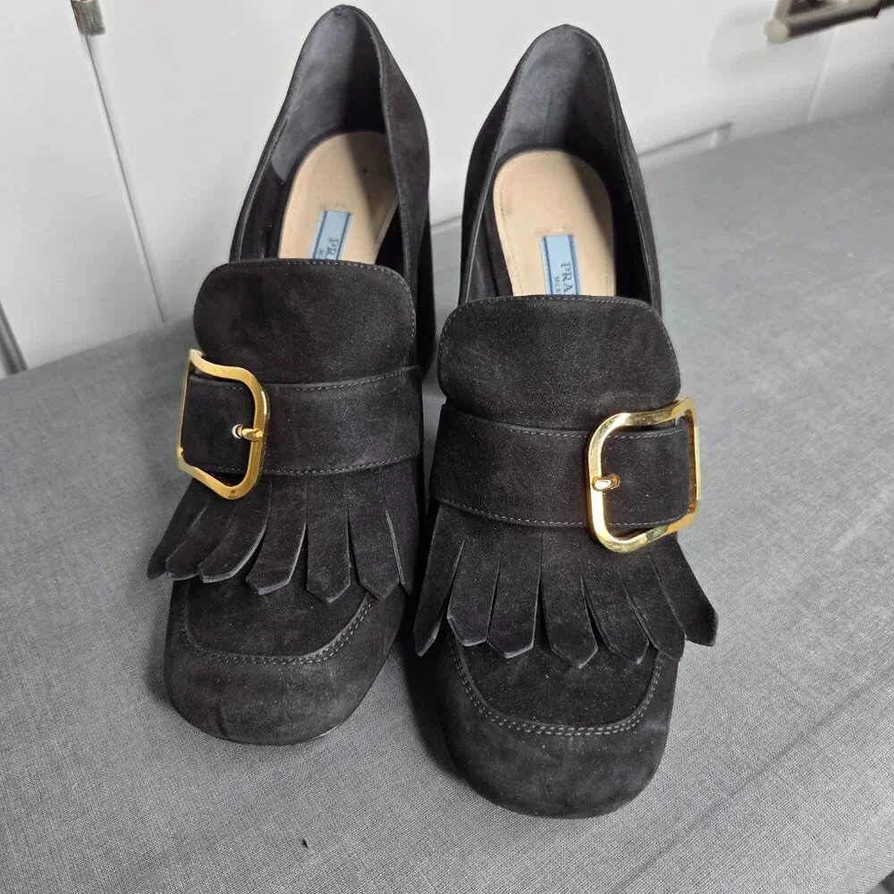 Women's Prada Black Suede Madras Fringe Buckle Slip-On with COA - EU Size 38.5 - Picture 4 of 12